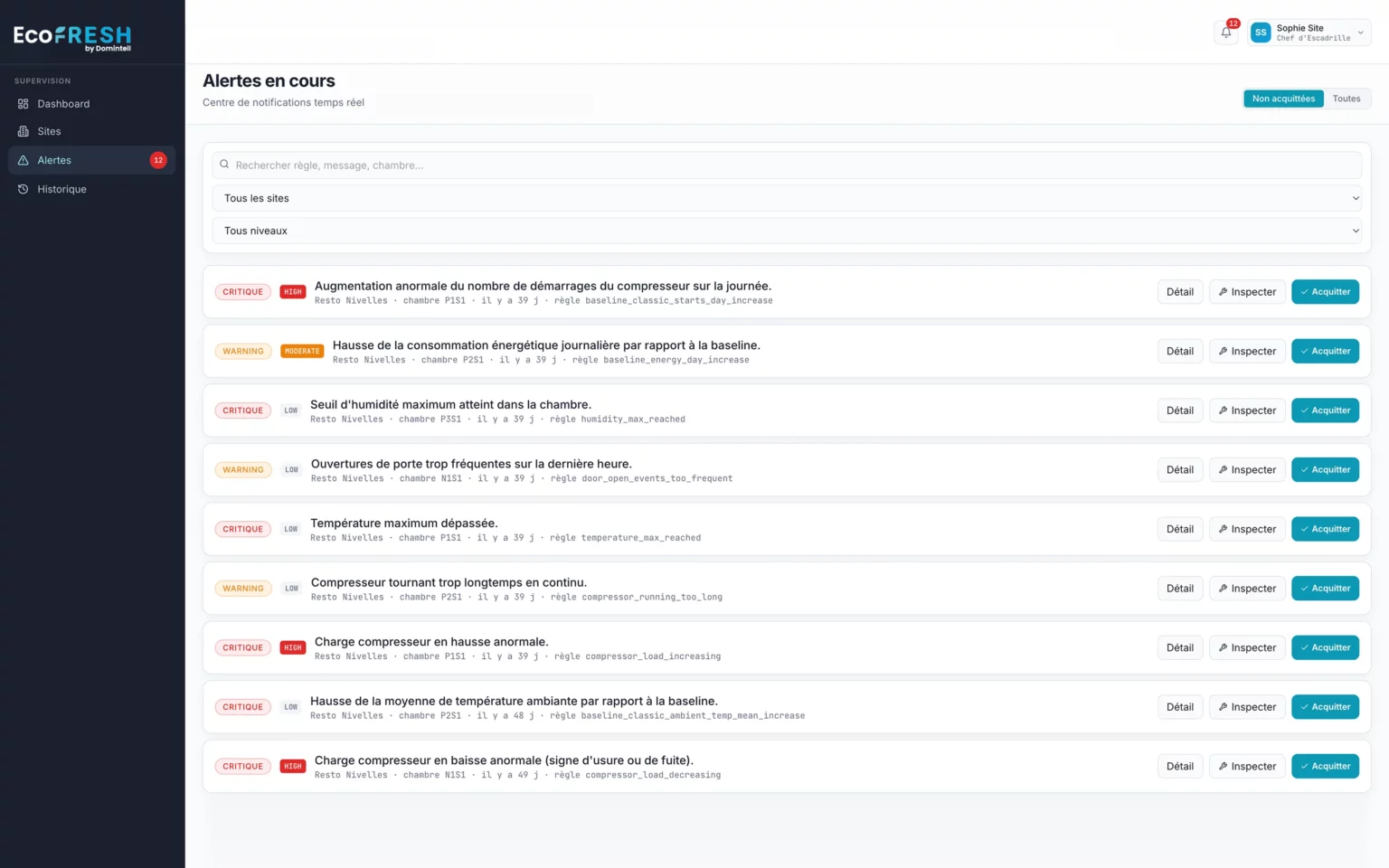 liste d'alertes en cours d'une installation dans l'application web EcoFresh