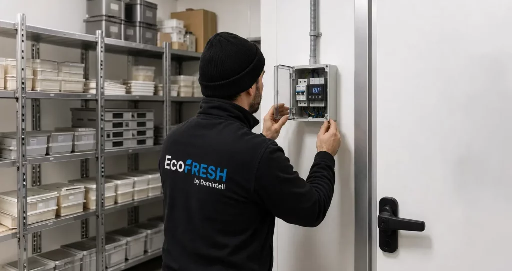 installateur frigoriste ecofresh manipulant un coffret électrique sur une chambre froide