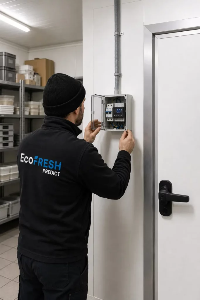 An EcoFresh Predict refrigeration technician inspecting the electrical panel of a cold room