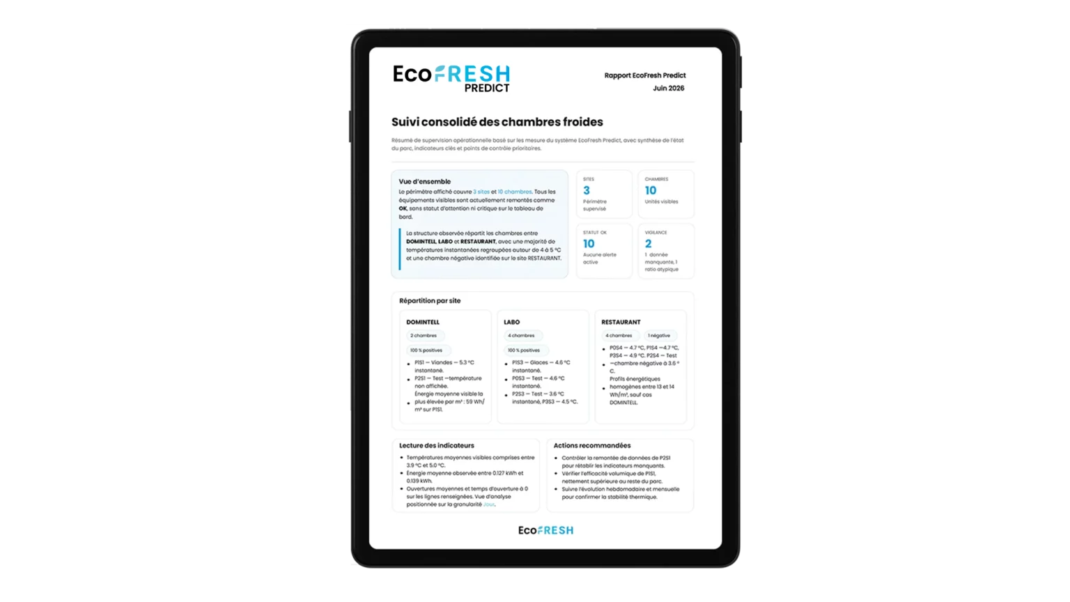 exemple de rapports édités automatiquement depuis la web app EcoFresh Predict